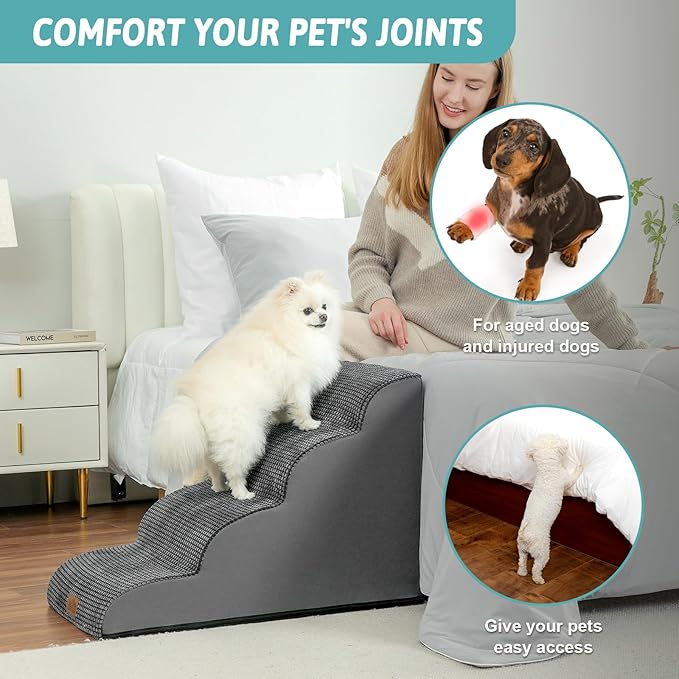 Dog Stairs for Small Dogs 19.7" H, Curved Dog Step for Puppy, Older or Cat, Medium Pet Ramp for Sofa, Couch or Bed, Ladder with High Density Foam, 15.7x28.3x19.7 inch, 4 Step, Dark Grey-PawvioPets