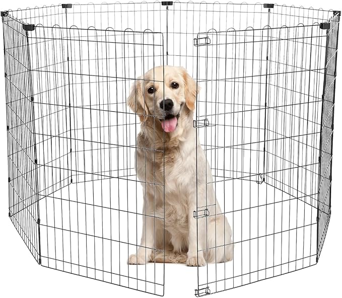 Foldable Dog Playpen 42" Height 8 Panels Metal Exercise Pen No Door - Indoor/Outdoor Dog Play Pen for Medium-Large Dogs, Portable Pet Fence for Yard Garden Camping, Black-PawvioPets