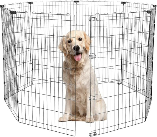 Foldable Dog Playpen 42" Height 8 Panels Metal Exercise Pen No Door - Indoor/Outdoor Dog Play Pen for Medium-Large Dogs, Portable Pet Fence for Yard Garden Camping, Black-PawvioPets