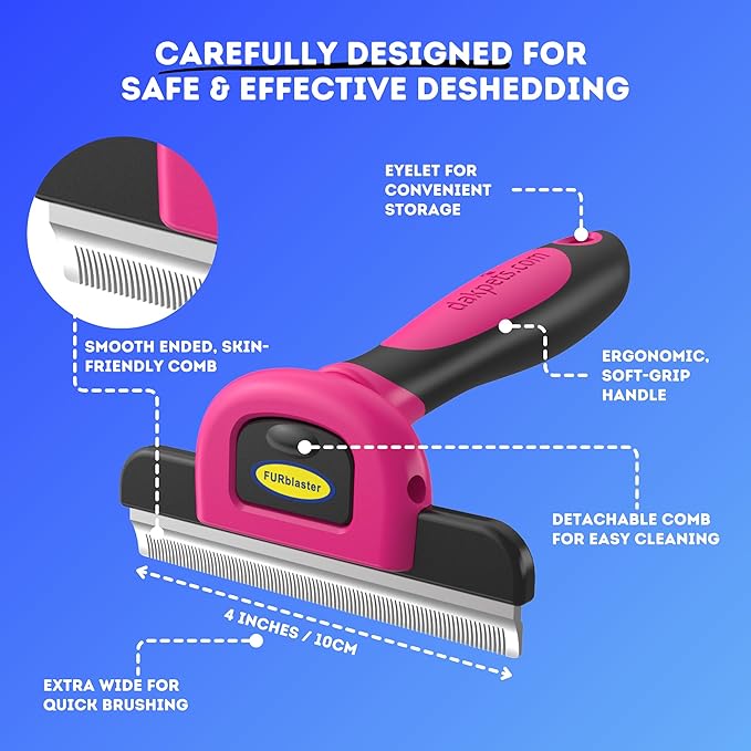 DakPets Stainless Steel Pet Deshedding Tool - Grooming Brush for Cats and Dogs, Removes Trapped Hair, Reduces Shedding by Up to 95%, All Hair Types, Includes Protective Blade Cover, Pink, 4 inches-PawvioPets