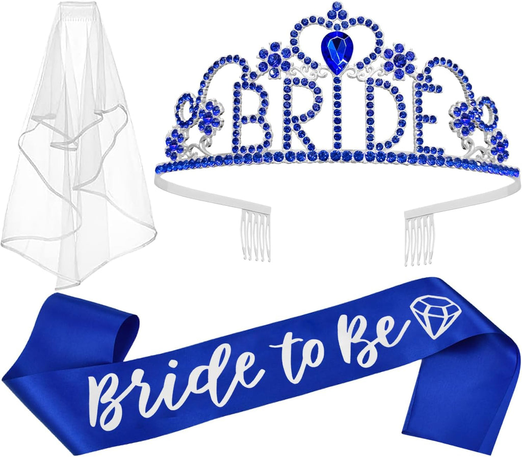 JETKONG 3 Pcs Bachelorette Party Decorations "BRIDE" Crown, Bride to Be Sash&Veil for Women Bachelorette Party Gifts, Bridal Shower Supplies, Gifts, Favors (Dark Blue)