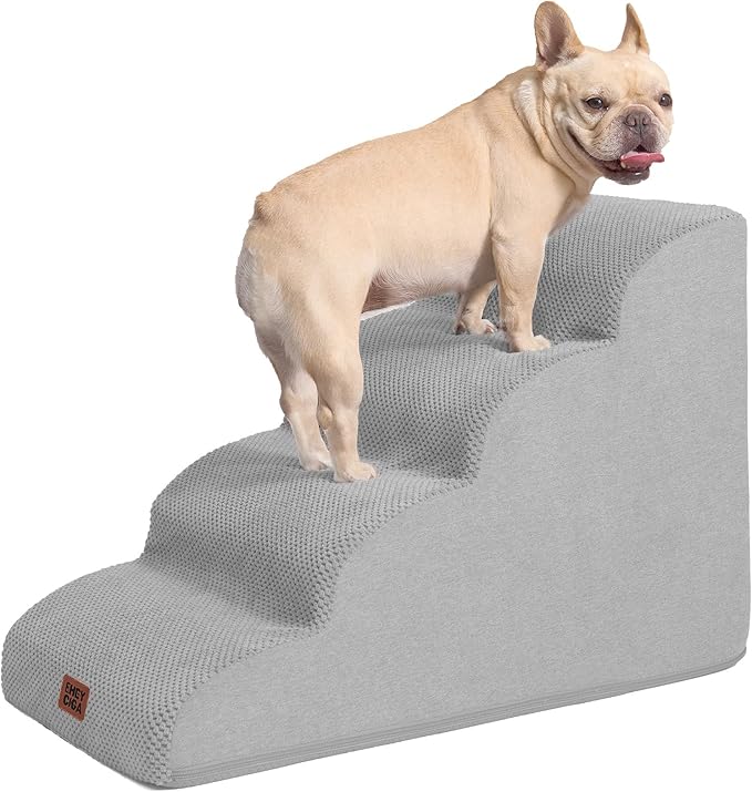 EHEYCIGA Curved Dog Stairs Ramp for High Beds 19.7" H, 4-Step Dog Steps for Small Dogs and Cats, Pet Stairs for High Bed Climbing, Non-Slip Balanced Pet Step Indoor, Light Grey-PawvioPets