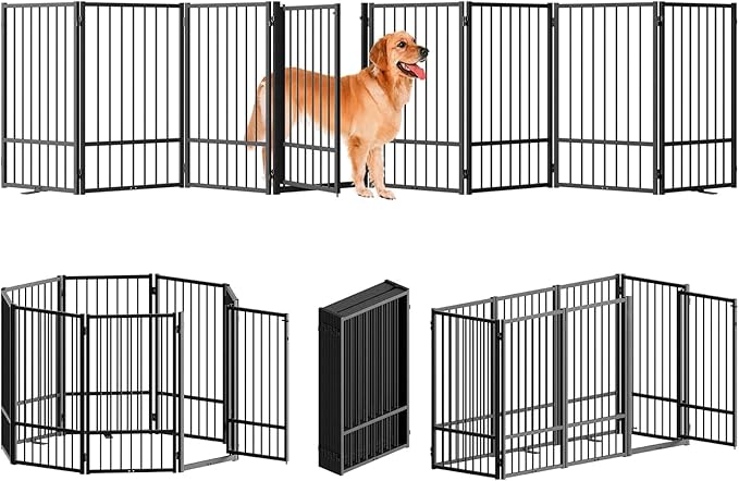 Full Metal Freestanding Dog Gate with Door, 36''Height Foldable Pet Dog Fence for Indoor & Outdoor, 8 Panels Extra Wide Free Standing TallDog Gates for Doorways,House,Stairs,Porch,Deck,Yard-PawvioPets