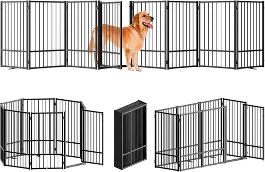Full Metal Freestanding Dog Gate with Door, 36''Height Foldable Pet Dog Fence for Indoor & Outdoor, 8 Panels Extra Wide Free Standing TallDog Gates for Doorways,House,Stairs,Porch,Deck,Yard-PawvioPets