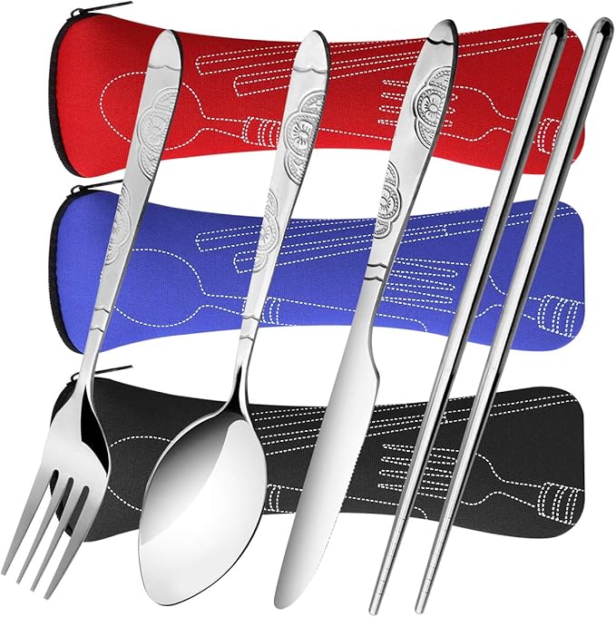 3 Pack Reusable Flatware Sets Knife, Fork, Spoon, Chopsticks, 12Pcs Portable Travel Stainless Steel Tableware Dinnerware with Carrying Case-PawvioPets