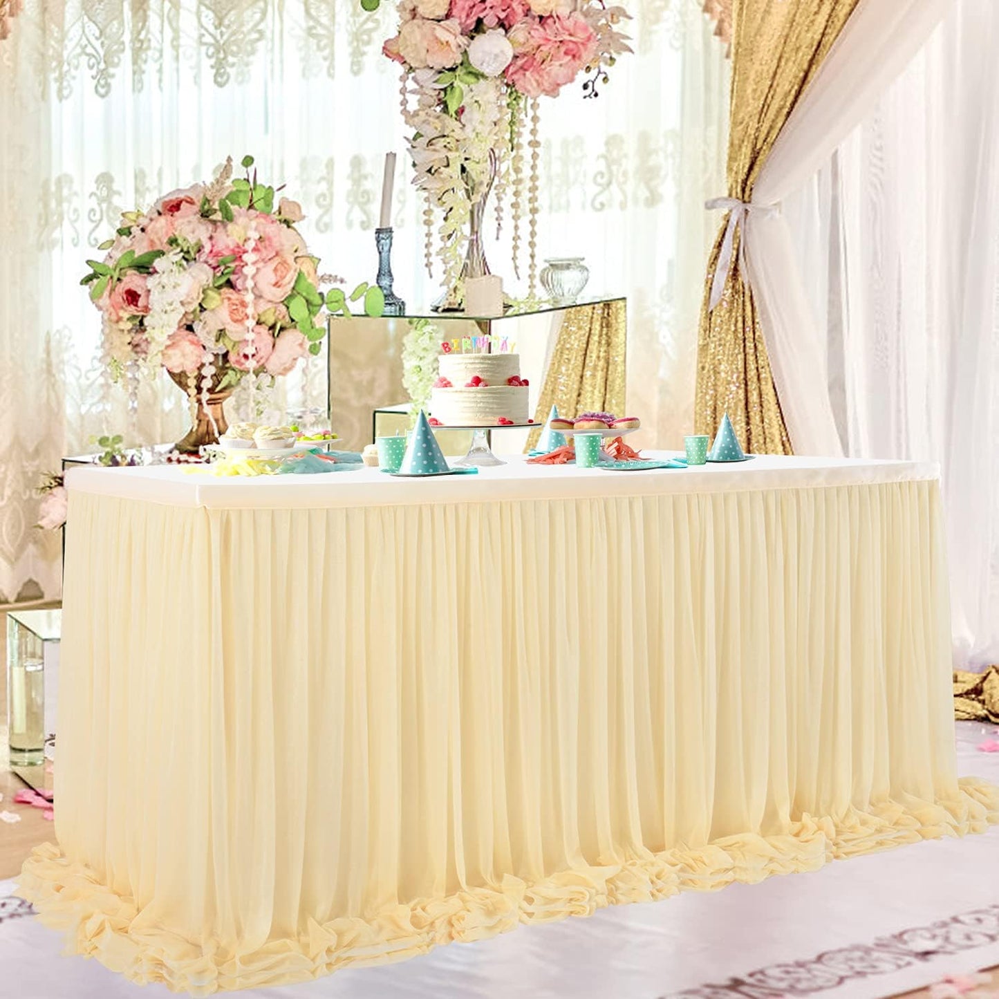 9ft Champagne Table Skirt for Weddings Table Cloth Elegant Tutu Table Skirt Cover for Birthday Party Baby Shower Dessert Buffet Banquet Decorations