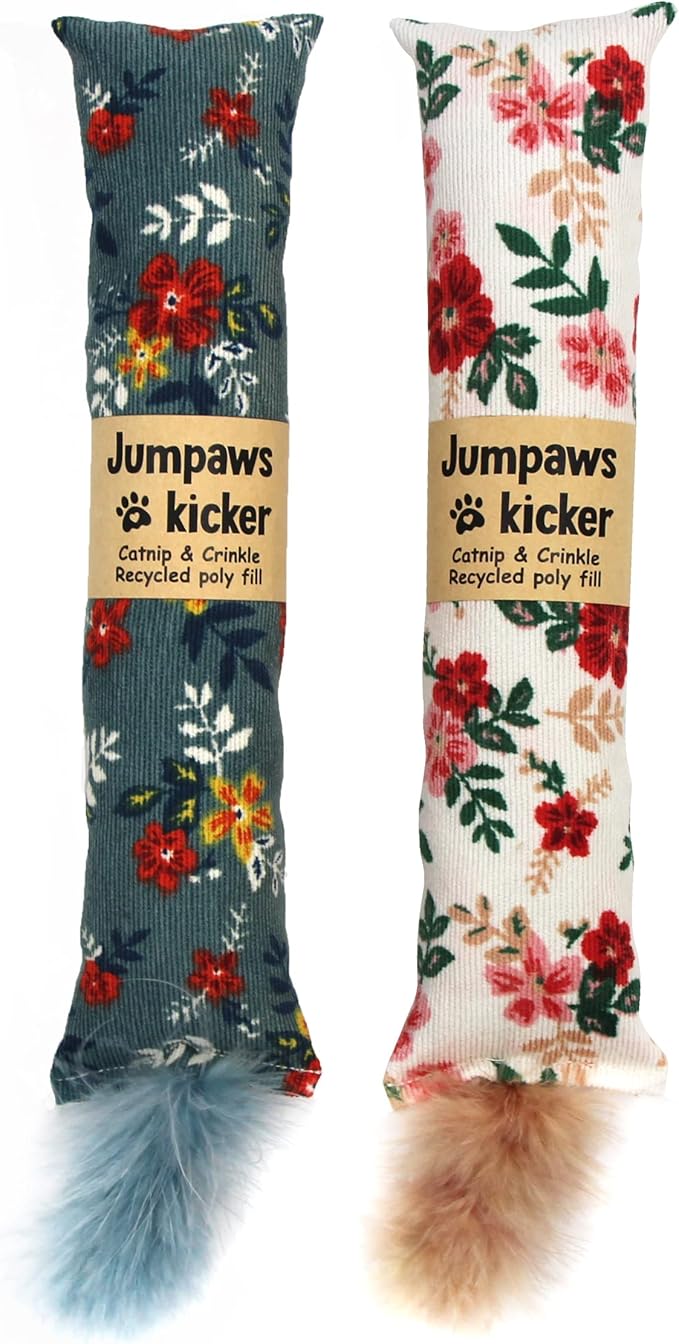2 Pack Natural Interactive Catnip & Silvervine Cat Kicker with Feathers, Bite Resistant Chew Toy, Crinkle Kicker, Accessories for Indoor Cat, Premium Corduroy Floral-PawvioPets