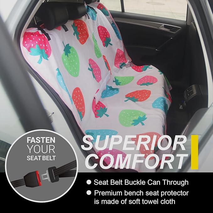 Back Seat Cover for Car Trucks Van SUV,Waterproof Rear Bench Towel Seat Covers for Dogs and Kids,Automotive Backseat Protector (Strawberry)-PawvioPets