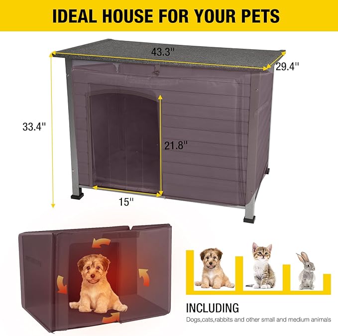 Aivituvin Dog House with Insulated Liner, Outdoor Indoor Weatherproof Dog House for Winter, Suitable for Small & Medium & Large Dogs with Unique All-Around Iron Frame(Grey)-PawvioPets