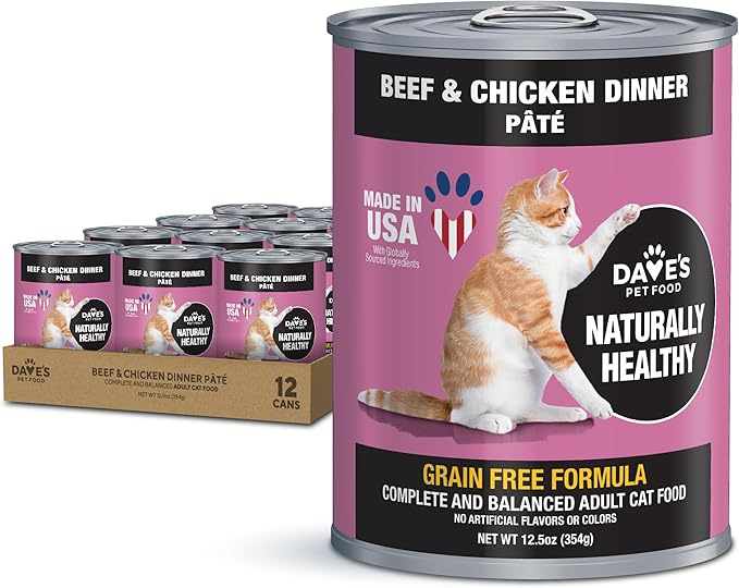 Dave's Pet Food Grain Free Wet Cat Food Pate (Beef & Chicken), Made in USA Naturally Healthy Canned, 12.5 oz Cans (12 Pack)-PawvioPets