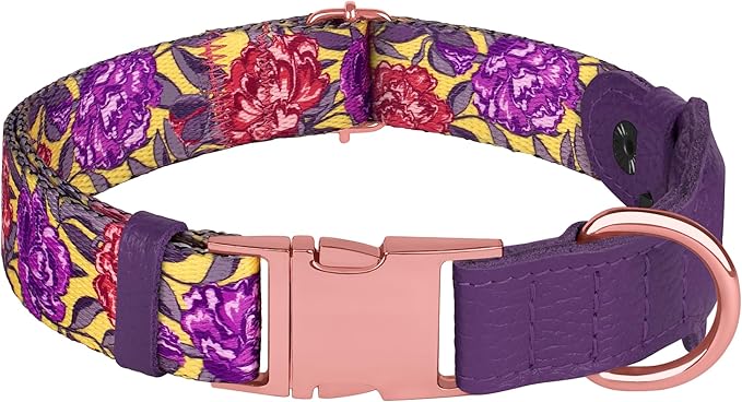 AirTag Dog Collar for Small Medium Large Breed - Adjustable Cute Pattern Dog Collar with Airtag Holder - Soft Leather Tracker GPS Apple Air Tag Pet Collars (X-Large, 20"-25" Neck Fit, Peonies)-PawvioPets