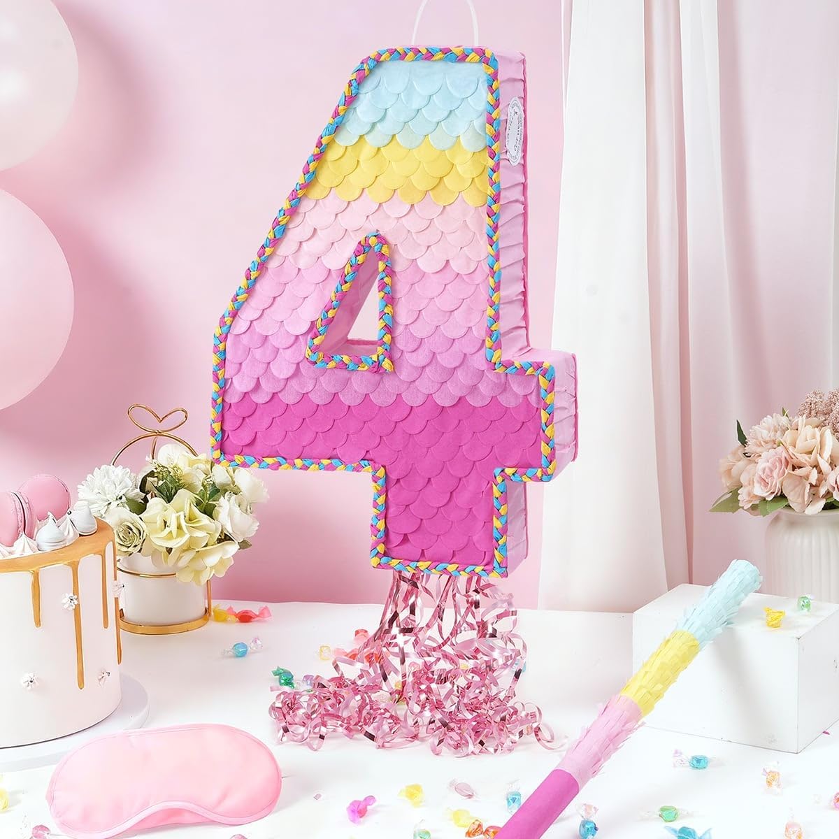 WERNNSAI Pink Sweet Four Pinata - Number 4 Pinata Happy Birthday Decoration Pink Rainbow Design Party Games for Girl Princess Baby Shower Party Favor with Blindfold Anniversary Celebration Supplies