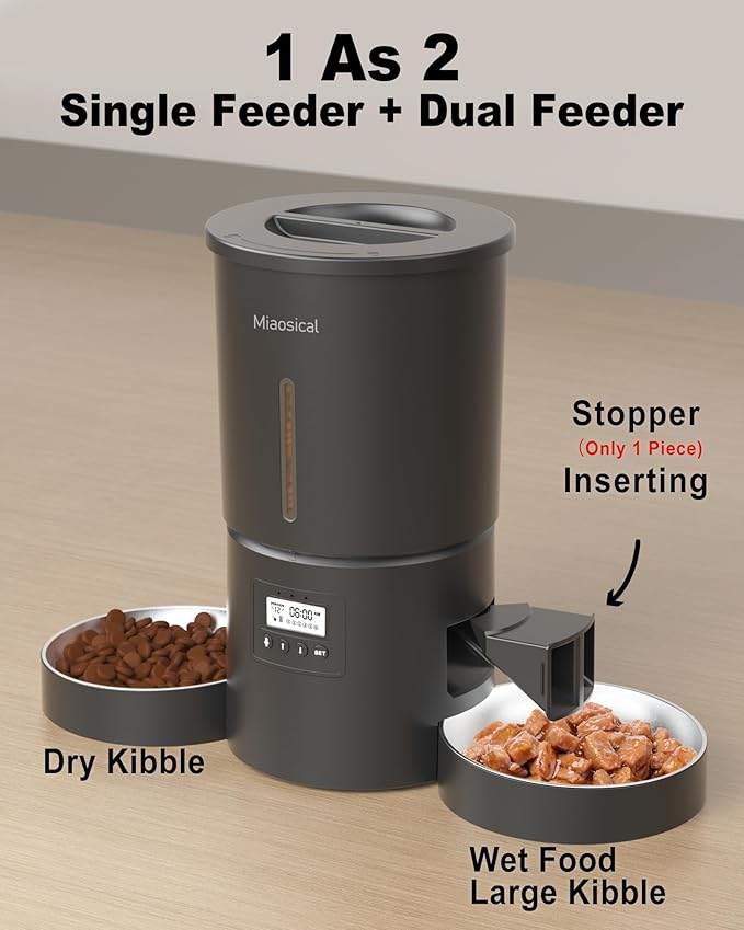 Dual Automatic Cat Feeder 2 Cats,6 Meals/Day,12 Portions/Meal,4.2L Dual Power Double Bowls Feeder,Dry Food Auto Pet Dispenser,10S Voice Record,Flexible Schedule Timer (Black,Stainless Dual Bowls)-PawvioPets