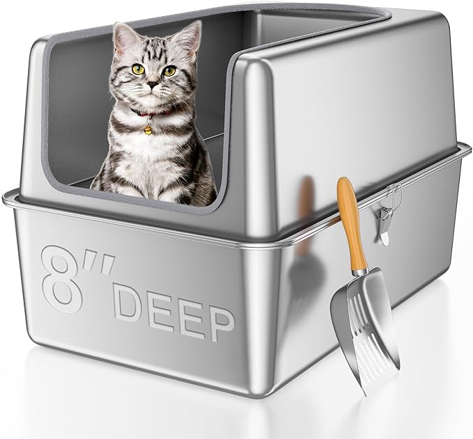 16'' High Sides XXXL All Stainless Steel Cat Litter Box with Lid,8'' Deep Metal Litter Box for Big Cats,Extra Large Litter Boxes with High Wall Enclosure,Anti-Leakage,Never Absorbs Odors,Non-Sticky-PawvioPets