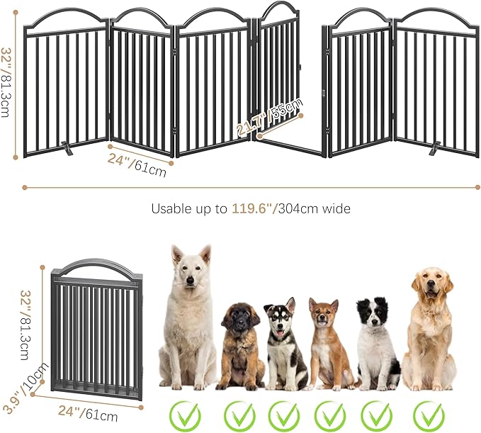 BHG Metal No-Assembly Freestanding Dog Gate with Door Walk Through, Extra Wide 144", Extra Tall 32" Pet Gate, Accordion Puppy Folding Playpen Dog Fence for Indoor & Outdoor, with 2PCS Support - Black-PawvioPets
