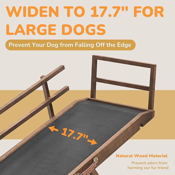 Dog Ramp for Bed, Adjustable Pet Ramps for Dog to Get on Bed, Non-Slip Rubber Surface - Folding Wooden Dog Ramp for Small/Large/Old Dogs, Adjustable up to 23.5 inch High Beds, Safety Railings-PawvioPets
