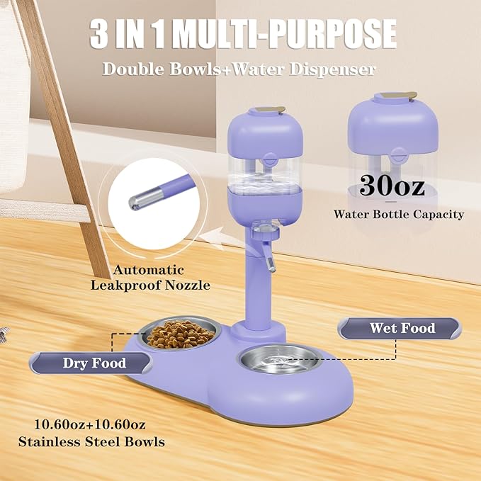 Dog Bowls with Puppy Weaning Bottles,3 in 1 Bowl Set with Water Dispenser and 2 Food Grade Stainless Steel Dog Bowls,15°Tilted Cat Food and Water Bowl Set for Cats,Bunnies,Ferrets-PawvioPets