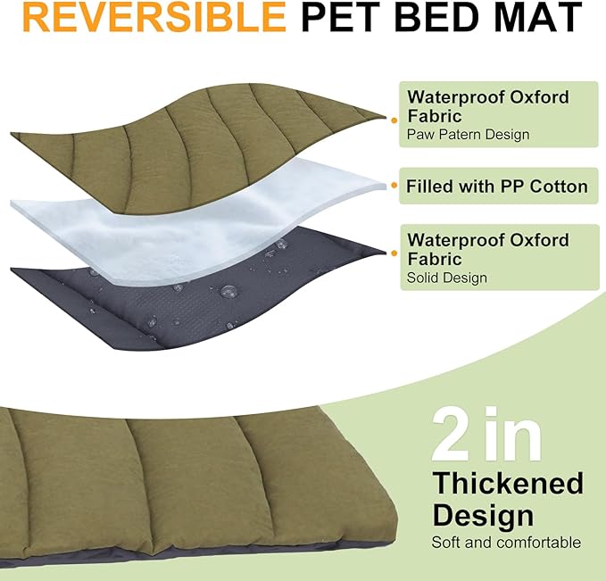 BEAUTYZOO Outdoor Dog Bed Waterproof, Camping Dog Bed Reversible, Portable Travel Bed with Carry Bag- Machine Washable, Durable, Foldable Outdoor Pet Bed Mat for Medium Large Dogs, 35” x 51“ Green-PawvioPets