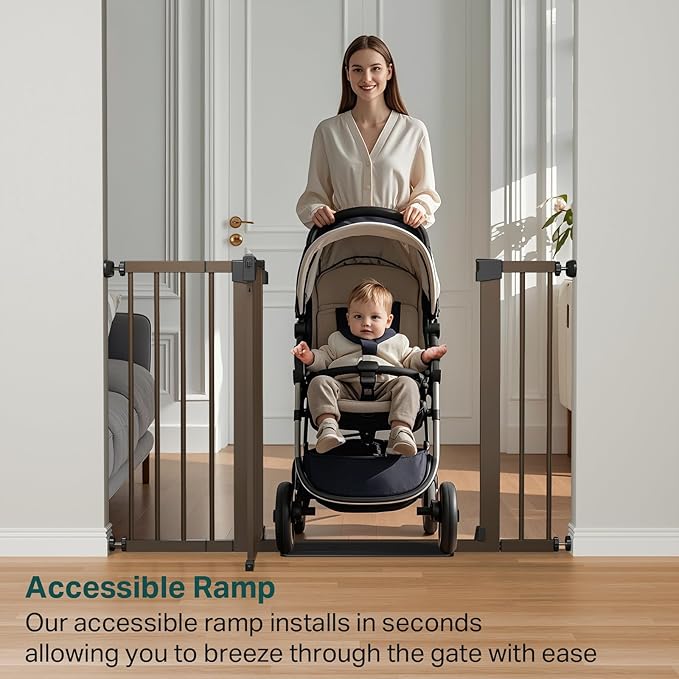Cumbor 29.7-48" Baby Gate for Stairs, Mom's Choice Awards Winner-Dog Gate for Doorways, Auto Close Safety Pet Gate for Dogs Indoor, Easy Install Pressure Mounted Child Gate with Walk Thru Door, Brown-PawvioPets