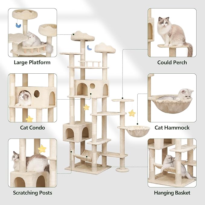 85inch Heavy Duty Cat Tree for Indoor Cats Large Adult, Tall Giant Cat Tower with Scratching Post, Large Perches, Cozy Cat Condos & Hanging Hammocks, Beige-PawvioPets