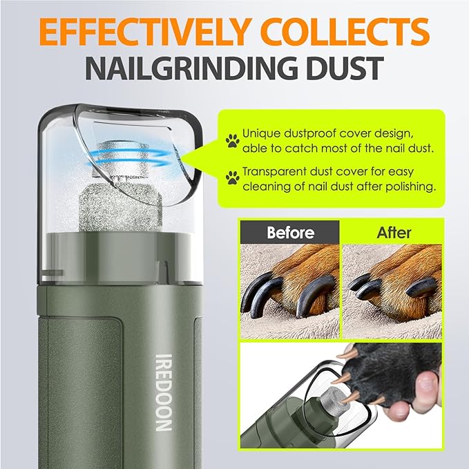 Dog Nail Grinder Upgraded - Professional 3-Speed Super Quiet and Low Vibration Electric Pet Nail Grinder with 4 LED Lights - Painless Paws Grooming & Smoothing for Small to Large Dogs (Green)-PawvioPets