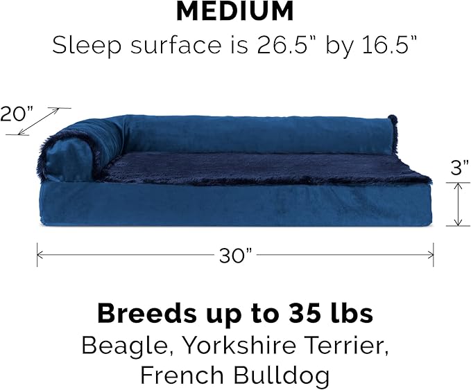 Furhaven Cooling Gel Dog Bed for Medium/Small Dogs w/ Removable Bolsters & Washable Cover, For Dogs Up to 35 lbs - Plush & Velvet L Shaped Chaise - Deep Sapphire, Medium-PawvioPets