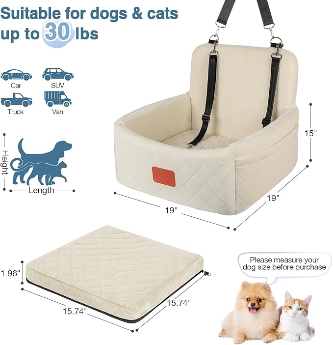 Dog Car Seat for Under 30lbs Dogs,Comfy Febric Fill in Memory Foam,Washable and Detachable Pet Travel Car Bed,Anti-Slip Bottom,2 Safety Leashes & Storage Pockets(Beige)-PawvioPets