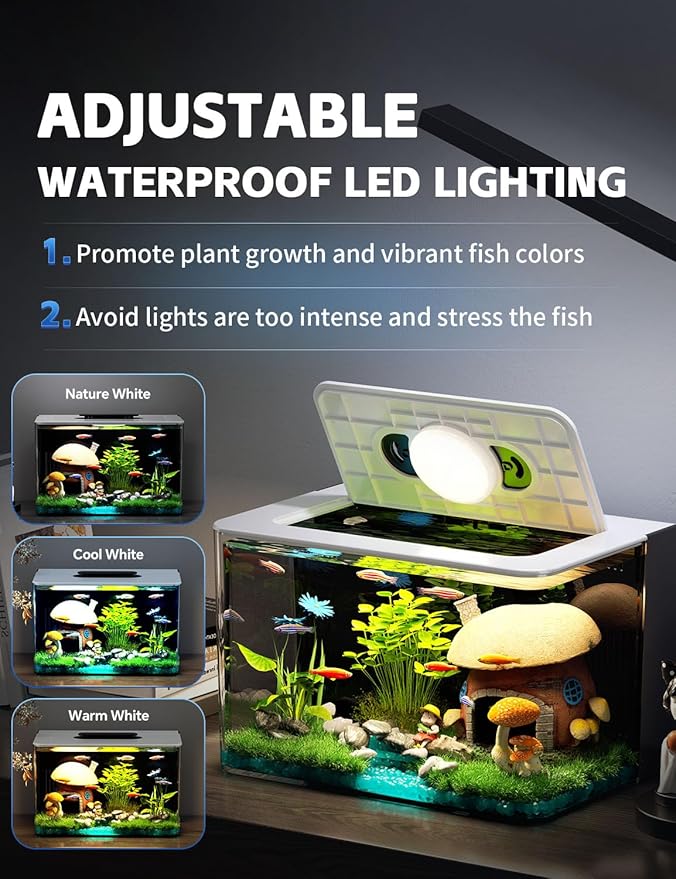 2.5 Gallon Fish Tank Small Aquarium Starter Kit with Hidden Filtration, 3 Color Light, Self Cleaning Nano Tank for Betta, Shrimp, Guppy, Angelfish-PawvioPets