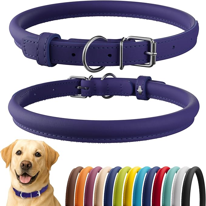 CollarDirect Rolled Leather Dog Collar, Soft Padded Round Puppy Collar, Handmade Genuine Leather Collar Dog Small Large Cat Collars 13 Colors (15-19 Inch, Purple Smooth)-PawvioPets