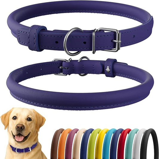 CollarDirect Rolled Leather Dog Collar, Soft Padded Round Puppy Collar, Handmade Genuine Leather Collar Dog Small Large Cat Collars 13 Colors (15-19 Inch, Purple Smooth)-PawvioPets