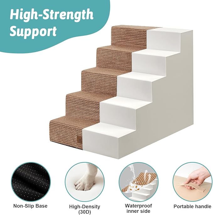Dog Stairs for Small Dogs, 5 Tier Wider Pet Stairs for High Beds, 23.6" H Non-Slip Dog Steps for Old Cats, Puppies, Small Medium Dogs, 29.5x19.7x23.6 inch, Light Brown-PawvioPets