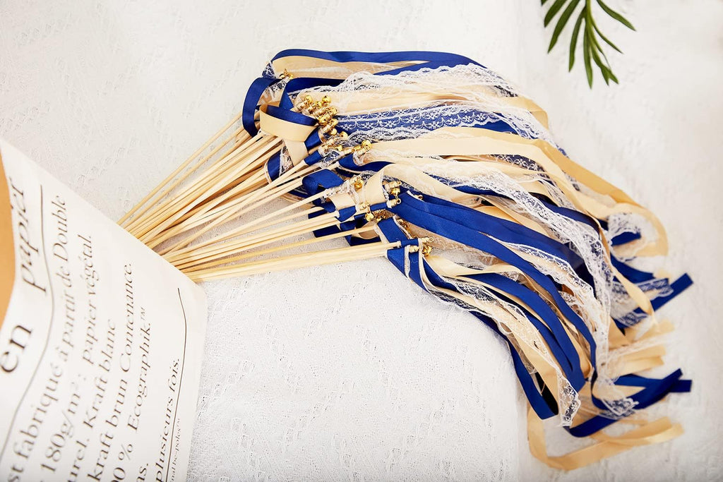 100 Pack Ribbon Wedding Wands Sticks Wedding Party Favors Streamers with Gold Bells and Lace Silk Fairy Wand for Party Activities Baby Shower Holiday Celebration