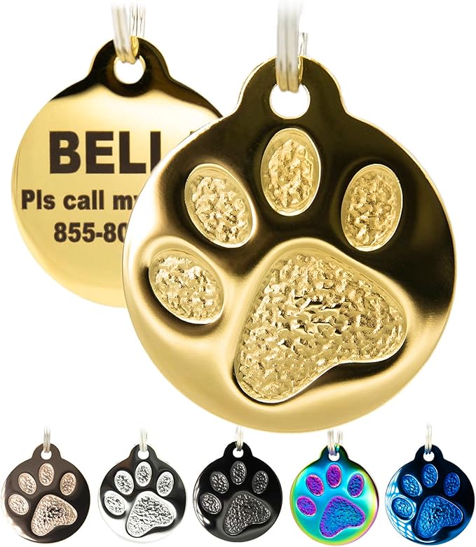 Engraved Pet Tag for Dogs and Cats - Personalized Front & Back up to 4 Lines of Text Custom Engraved ID, Round Paw Print Solid Plating Stainless Steel Gold Small-PawvioPets