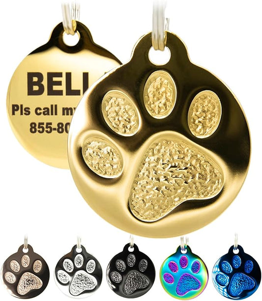 Engraved Pet Tag for Dogs and Cats - Personalized Front & Back up to 4 Lines of Text Custom Engraved ID, Round Paw Print Solid Plating Stainless Steel Gold Regular-PawvioPets