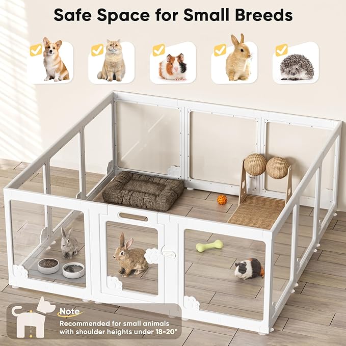 Acrylic Clear Dog Play Pen Indoors, Puppy Playpen with Door for Small Dogs Puppies, Transparent Plastic Pet Playpen Cage Fence Crate Kennel for Cat Kitten Rabbit Bunny Ferret etc (White-12 Panels)-PawvioPets