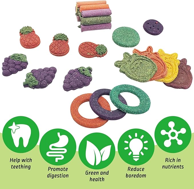 Fhiny 27 PCS Natural Bunny Chew Toys Molar Rabbit Toys Contain Timothy Grass Pumpkin Beets Purple Potatoes Carrot Hamster Treats for Chinchillas Guinea Pigs Mice Gerbils Teeth Grinding-PawvioPets