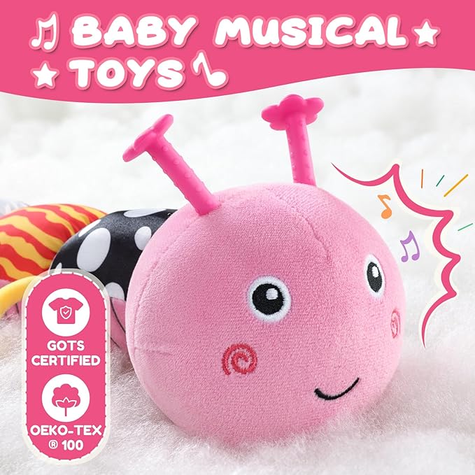 Baby Toys 0-6-12 Months,Musical Caterpillar Stuffed Animals Activity Infant Toys with Crinkle,Rattles,Mirror&Pull String,Muti-Sensory Toys Gifts for Newborn Tummy Time,Pink,Knot prolegs-PawvioPets