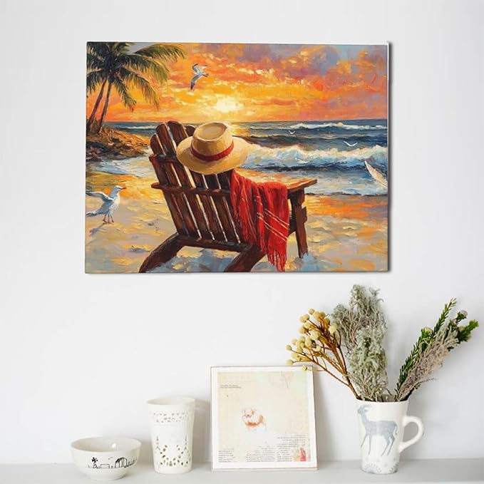 Beach Coastal Bathroom Pictures Wall Art, Seaside Ocean Bathroom Wall Decor, Sunrise Palm Framed Painting Canvas Artwork for Bedroom Living Room Decorations 16"L x 12"W-PawvioPets