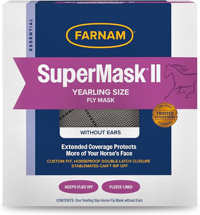 Farnam SuperMask II horse fly mask without ears, extended coverage, protects eyes from insects and debris, adjustable throat latch, Yearling size-PawvioPets