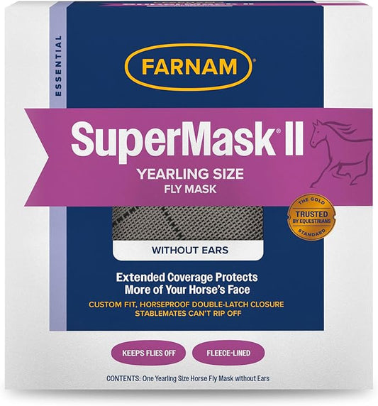 Farnam SuperMask II horse fly mask without ears, extended coverage, protects eyes from insects and debris, adjustable throat latch, Yearling size-PawvioPets