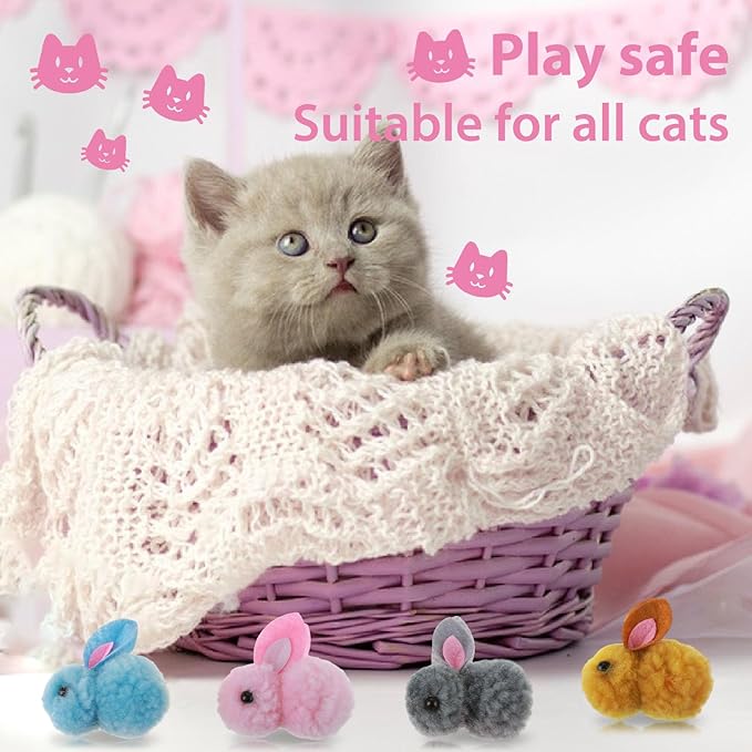 10Pcs Plush Toy Balls, Cute Bunny Shape Kitten Pompom Soft 5.5cm/2.16in Puff Ball Indoor Fun Colorful Cat Ball Toy Pom Pom Balls for Pet-PawvioPets