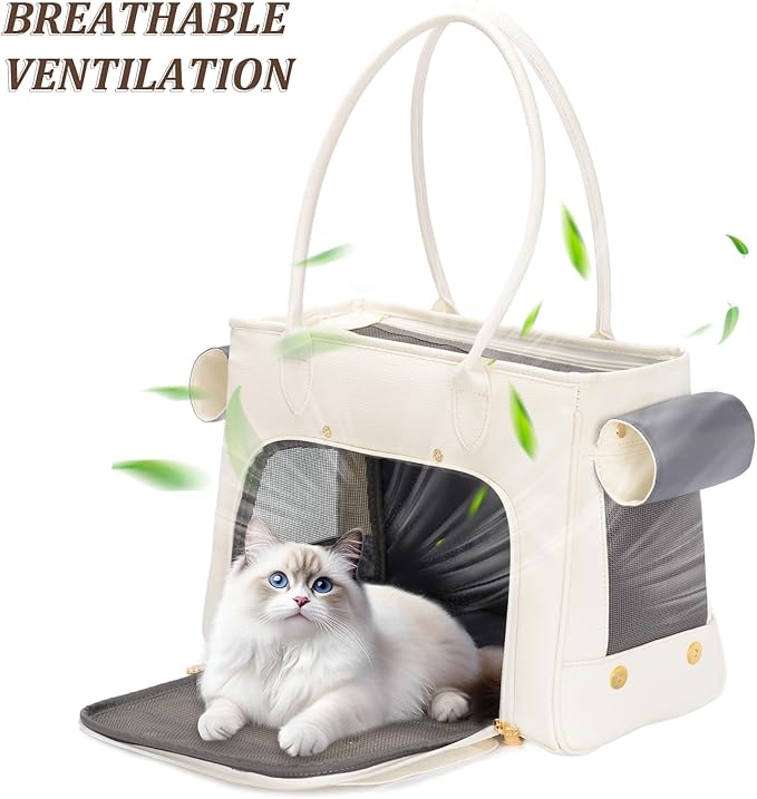 Fashion Pet Carrier Purse for Small Cat and Dog, Luxury Pu Soft-Sided Tote Bag with Large Pockets for Dogs and Puppies (White, 15.8" L x 7.5" W x 11.8" H)-PawvioPets