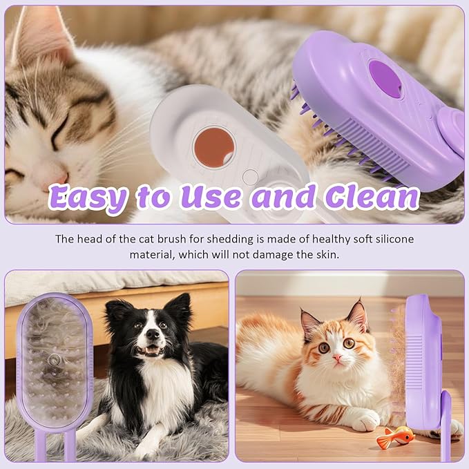 4 in 1 Cat & Dog Steam Brush for Long/Short Hair Shedding - Rechargeable Pet Grooming Brush with Anti-Static Steam Spray, Foldable Handle & Dual Massage Modes for Home Pet Spa Cleaning-PawvioPets