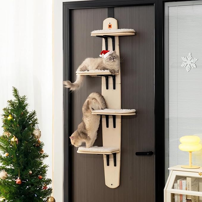 Door Hanging Cat Shelf, Multi Level Door Hanging Cat, Cat Tree Door Hanger Mounted Cat Shelves Cat Ladder, 4-Levels Over Door Cat Climber for Indoor Cats-PawvioPets