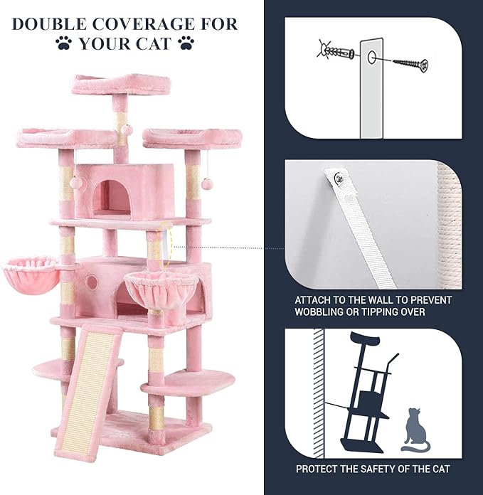 Allewie 68 Inches Cat Tree/House and Towers for Big Feline/Scratching Post/Multi-Level Large Kitty Climbing Tree with Condo/Pink-PawvioPets