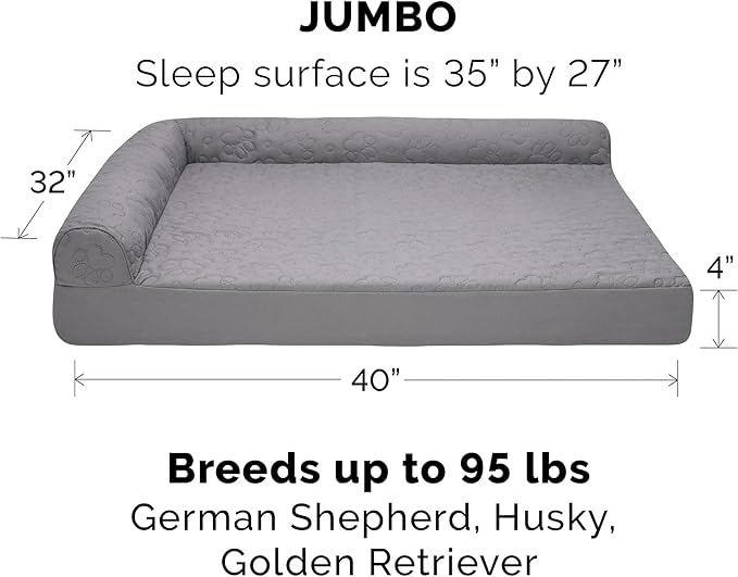 Furhaven Cooling Gel Dog Bed for Large Dogs w/ Removable Bolsters & Washable Cover, For Dogs Up to 95 lbs - Pinsonic Quilted Paw L Shaped Chaise - Titanium, Jumbo/XL-PawvioPets