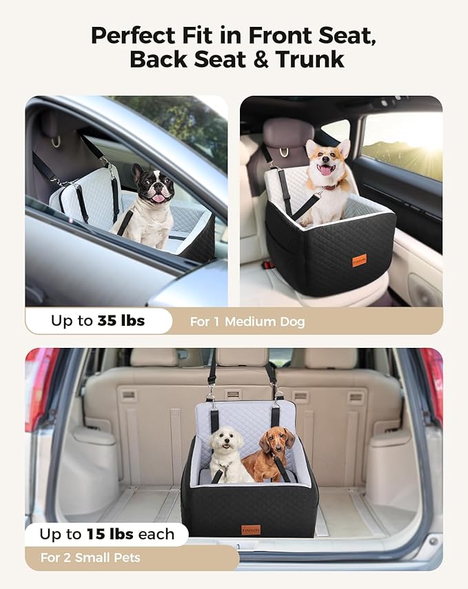 Dog Car Seat for Small & Medium Dogs Under 35lbs, Detachable & Washable Pet Car Seat, Interior Height 6 Inches Pet Travel Bed with Storage Pockets and 2 Dog Safety Belts (Black/Gray)-PawvioPets