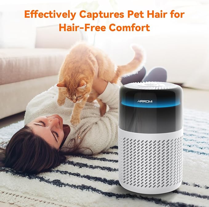AIRROMI Air Purifier for Bedroom Home,HEPA Filter,Covers Upto 549 Ft²,Quiet 360°intake Air Cleaner with Fragrance ponge for Better Sleep,Night Light,Filters Smoke,Pet Dander,Allergies,Dust,A2005 White-PawvioPets