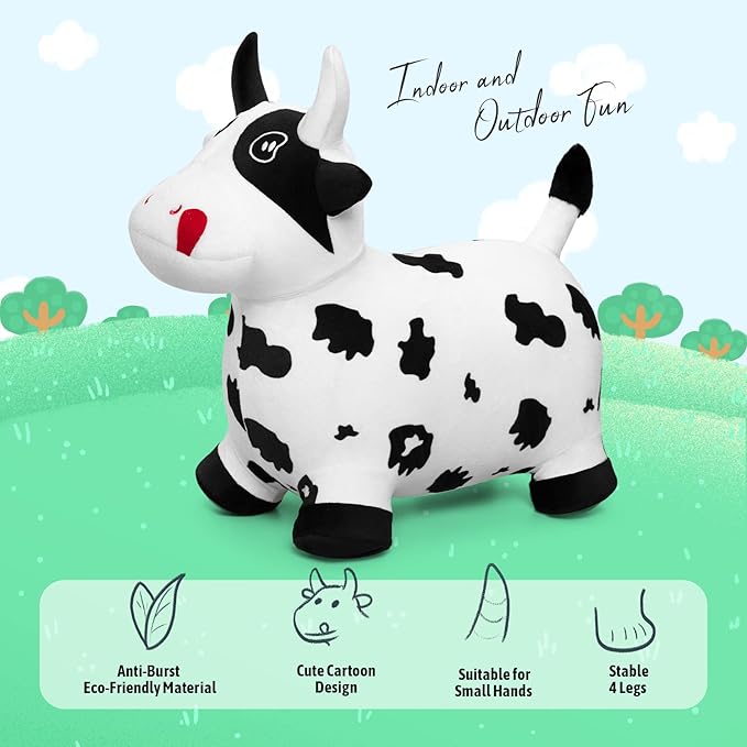 EVERICH TOY Bouncy Horse Cow Toys, Inflatable Bouncing Animal Hopping Toys, Outdoor Indoor Ride on Bouncer, Boys Girls Birthday Gift for 18 Month 2 3 4 5 6 Year Old Kid- Plush Cow Toy-PawvioPets