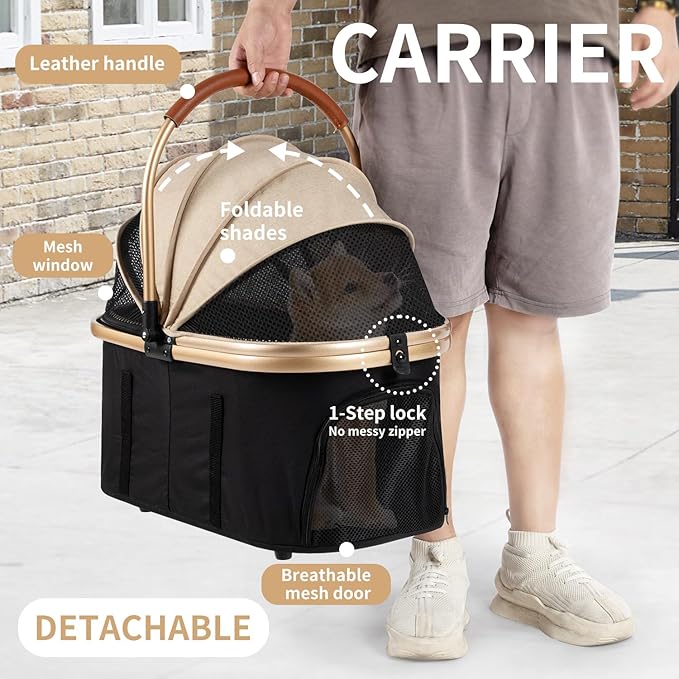 3 in 1 Pet Stroller with 4 Wheels, Foldable Pet Travel Carrier for Small/Medium Dogs Cats up to 50lbs, Detachble Portable Pet Bag, Storage Basket-PawvioPets